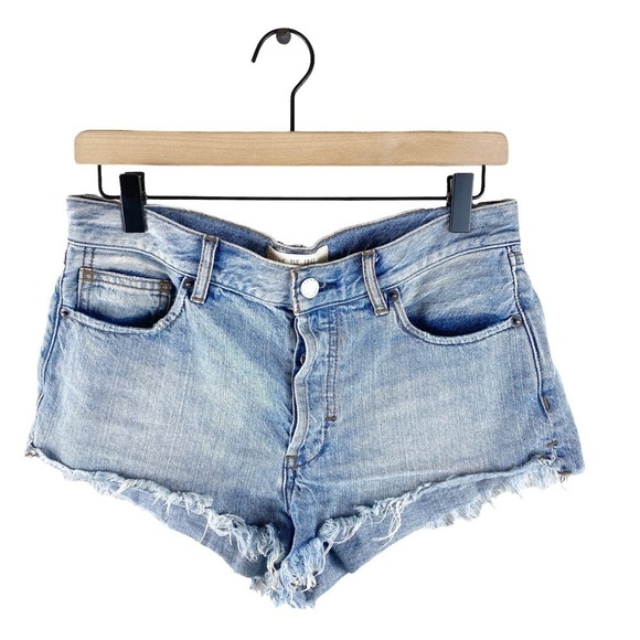 Free People We the Free Distressed High Rise Button Fly Denim Jean Shorts - Picture 2 of 5